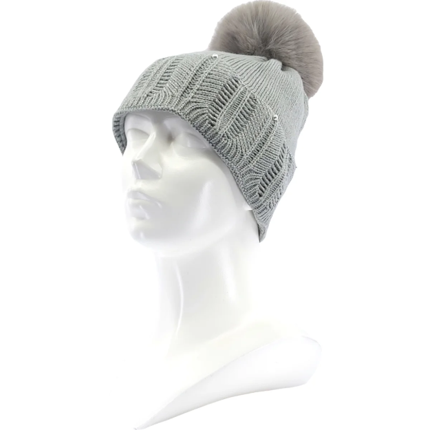 Obrázok z VOXX Čepice dámská zdobená pletená REXTONA s viskózou, bambulí SVĚTLE ŠEDÁ