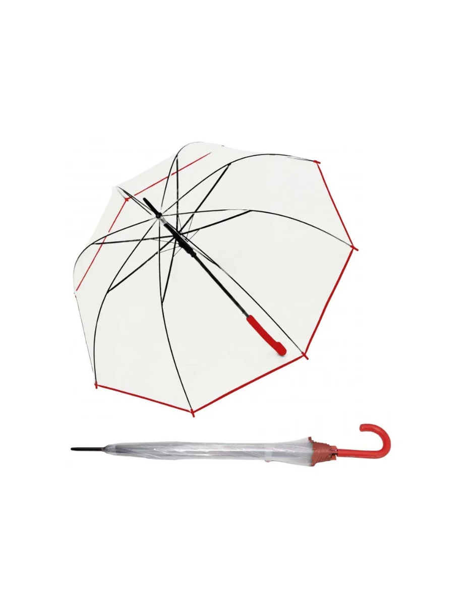 DERBY Hit Long Automatik Transparent - průhledný dámský vystřelovací holový deštník červená 77354B03