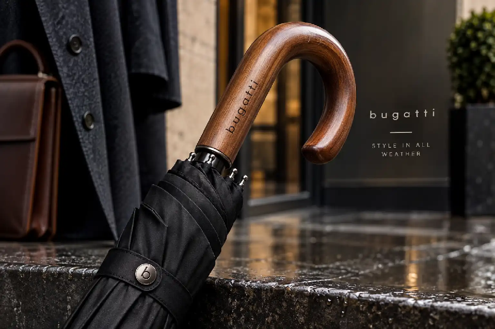 Luxusný pánsky palicový dáždnik Bugatti Doorman s drevenou rukoväťou