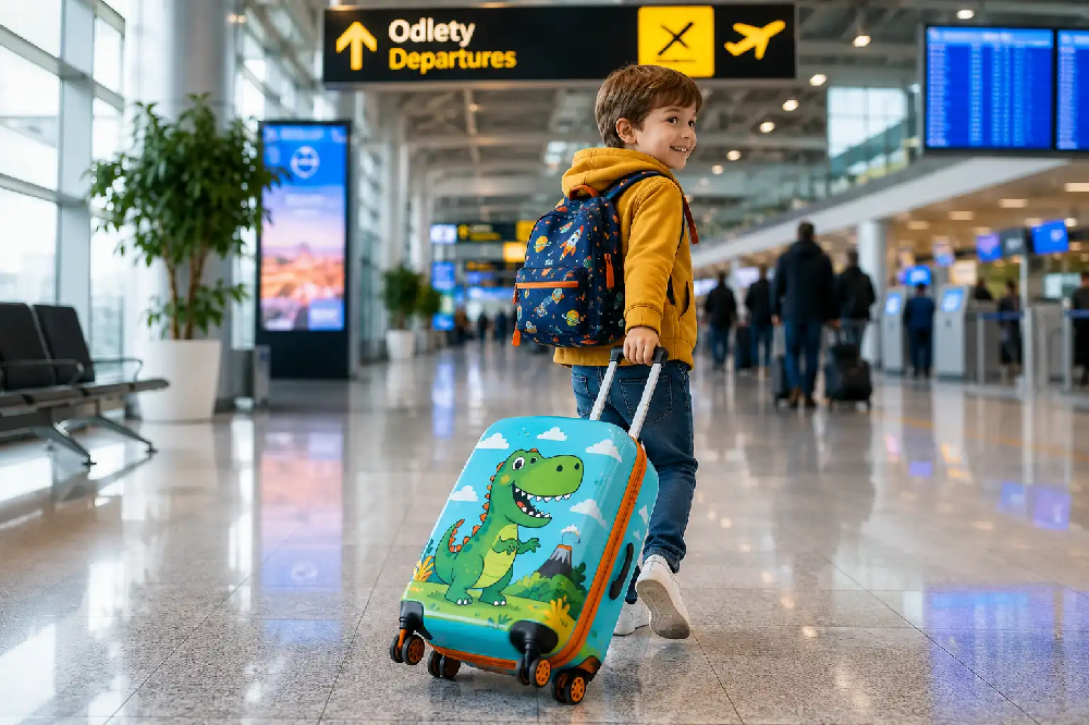 Detský cestovný kufor s veselým motívom ťahaný dieťaťom