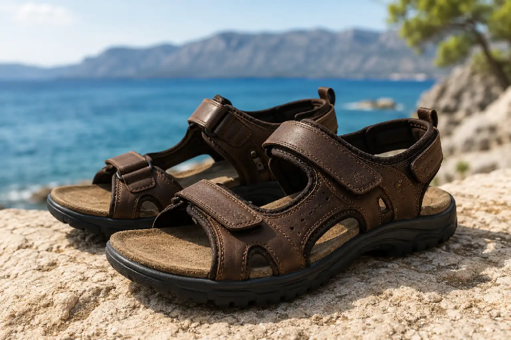 Anatomické pánske sandále s koženou stielkou na letné nosenie
